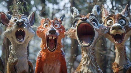 group of animated animals enjoying a joke, with each one doubling over in laughter and clutching their sides, their mouths wide open in infectious giggles - obrazy, fototapety, plakaty