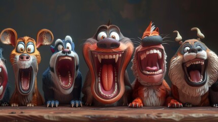 group of animated animals enjoying a joke, with each one doubling over in laughter and clutching their sides, their mouths wide open in infectious giggles - obrazy, fototapety, plakaty