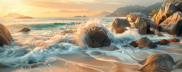 Waters wind waves break on rocks at the seasides natural landscape - obrazy, fototapety, plakaty