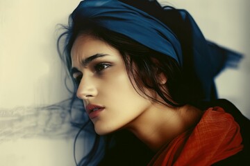 Portrait of a woman with long hair and blue headscarf leaning against a wall in a relaxed pose