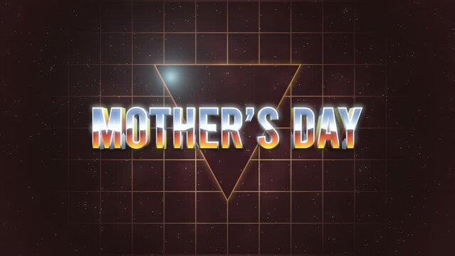 A modern, sleek logo for Mother's Day. Bright, neon-colored words Mother's Day form a downward-pointing triangular shape against a dark background, giving it a futuristic look