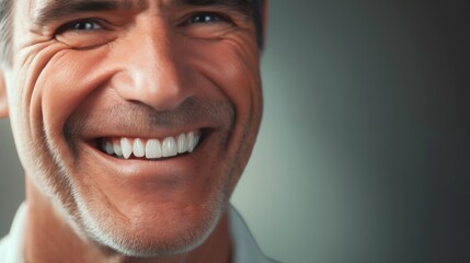 Naklejka premium Close-Up of a Joyful Middle-Aged Man with a Genuine Smile and Healthy Teeth