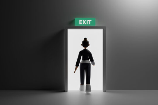 Female cartoon character walking out of a room having a green exit sign above the door frame in dark background. Illustration of the abstract concept of hope, bright future, aspiration and dream