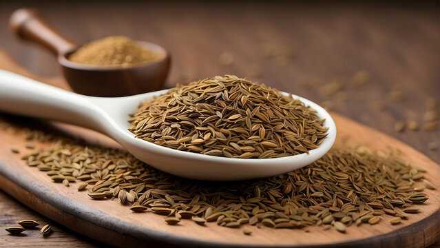 A white ceramic spoon brimming with cumin seeds set on a rustic wooden board with ground cumin