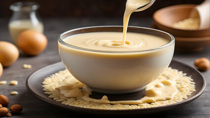 Deliciously smooth custard served in a glass bowl, with ingredients like eggs and almonds scattered around