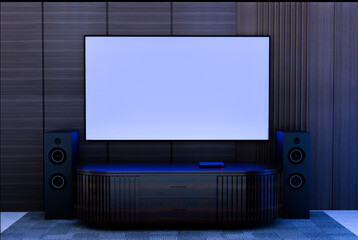 Tv mockup in living room at night. Blank white tv screen. Contemporary and comfortable living room at night interior design with large TV screen on wall