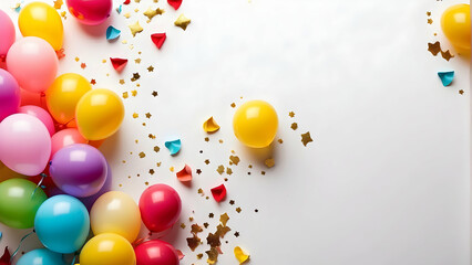 High-key festive image with vibrant colorful balloons and confetti creating an atmosphere of joy and celebration