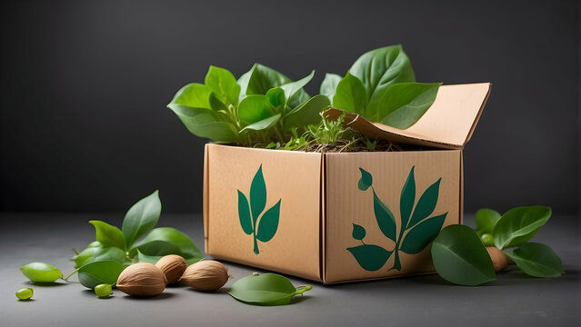 Eco-conscious packaging concept with fresh green leaves and raw nuts on a minimalistic background