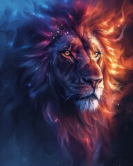 Painting of Lion portrait, with glittering stars and vibrant colors