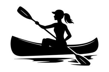 Silhouette of a woman paddling a canoe on a lake. Vector illustration