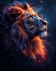 Naklejka premium Painting of Lion portrait, with glittering stars and vibrant colors