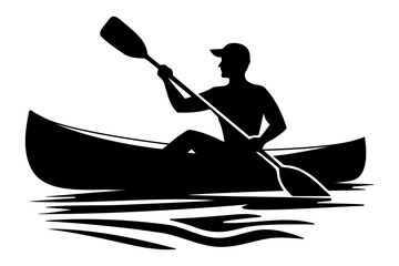 Silhouette of a man paddling a canoe on a lake. Vector illustration - obrazy, fototapety, plakaty