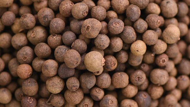 Allspice (Jamaica pepper, Pimento) spice heap rotating background. Black peppercorns close up, condiments backdrop, top view 