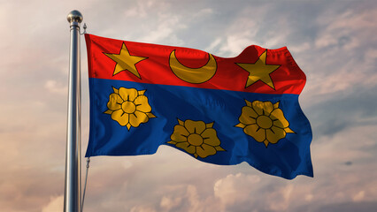 Drapeau Ville Ca Longueuil Quebec Waving Flag Against a Cloudy Sky