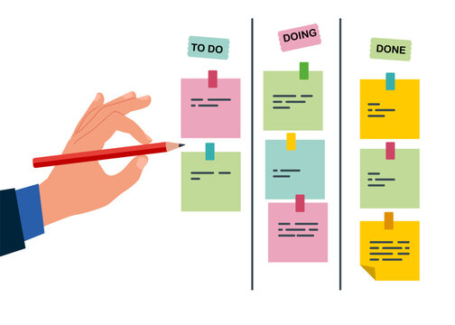 Review project progress on kanban board. Todo list, in progress task and finished one. Flat vector illustration