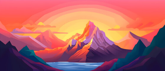 Illustration with mountain landscape in sunrise. Drawing with beautiful landscape.