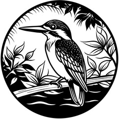 kingfisher sitting on a branch near water Colouring page for kids -vector illustration