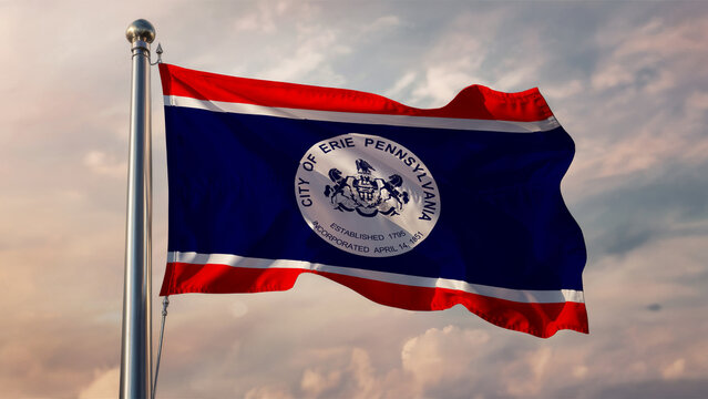 Erie Pennsylvania Waving Flag Against a Cloudy Sky