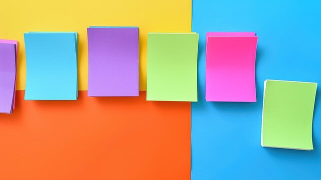 Bright notepads and colored pens on a background of colored paper.