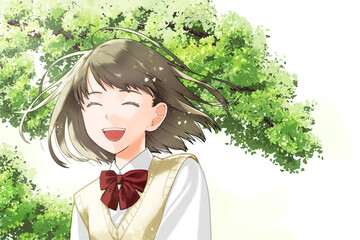 笑っている女子学生・半袖・木