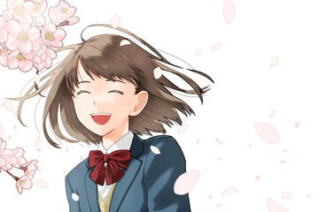 桜吹雪と笑っている女子学生