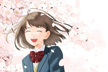 桜を背景に笑っている女子学生