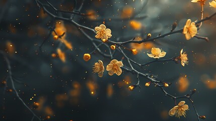 Digital golden cherry blossom flower poster PPT background - obrazy, fototapety, plakaty