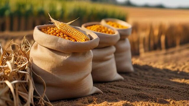 Burlap bags with collected kernels of golden sweet corn stand in corn field after harvest.