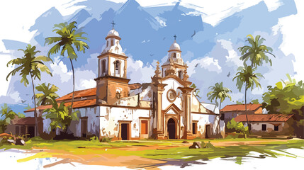 Se Cathedral in Old Goa  Goa India. Watercolor spla - obrazy, fototapety, plakaty