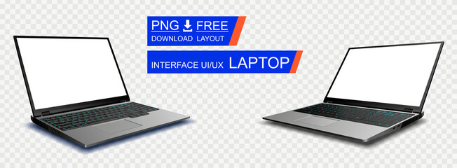 Two modern realistic laptops with blank displays on a transparent background. Template for work and presentation on laptops. Vector illustration with realistic laptops
