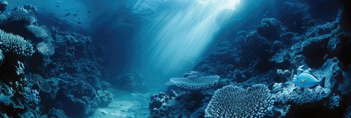 Foto op Canvas An underwater scene showing sunlight streaming through the water, illuminating a diverse coral reef ecosystem teeming with marine life © sommersby