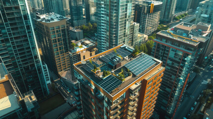 Solar panels installed atop a high-rise in a densely populated urban area capture the fading sunlight