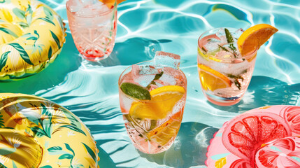 A group of assorted drinks placed on the edge of a swimming pool, with water shimmering underneath them on a sunny day