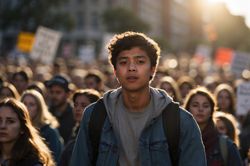 Fototapeta premium Junger Aktivist steht bei Sonnenuntergang entschlossen auf einer Demonstration für Gerechtigkeit.