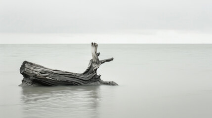 Fototapeta premium A piece of driftwood lies floating in the center of a clear body of water, surrounded by rippling waves under a cloudy sky