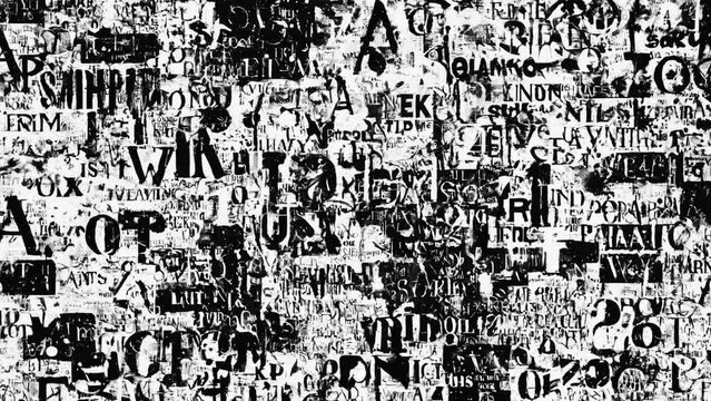 Abstract black and white animated background with letters and spots. Stop motion animated  looped background