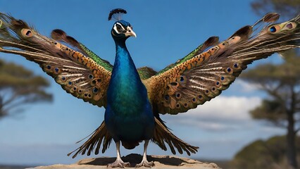 Flight of Elegance: Peacock Midflight Capturing its Magnificent Spread - obrazy, fototapety, plakaty