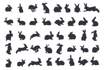 A large set of silhouettes of rabbits and hares - obrazy, fototapety, plakaty
