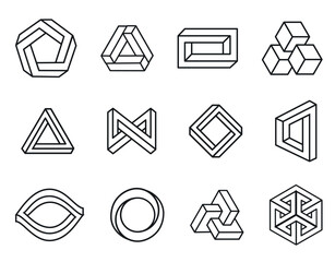A set of non-existent geometric shapes. Tangled geometric puzzle shapes - obrazy, fototapety, plakaty