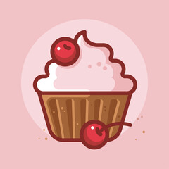 Chocolate cupcake with cherries in a circle. Illustration of dessert. Identity. App button.