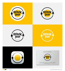 Breakfast cafe emblem. Identity. Text, fried egg, letters, spoon and fork into a circle. Identity. App button.
