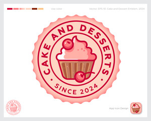 Cake and Desserts emblem. Identity. Text and Chocolate cupcake with cherries in a wavy circle. Identity. App button.