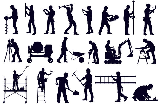 Big set of silhouettes of working builders. Set of eight silhouettes of construction workers