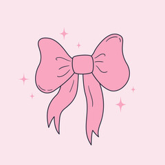 Cute ribbon bow clipart. Coquette and balletcore girly decoration. Hand drawn silk tape accessory. Vintage fashion element in pastel color. Vector drawing