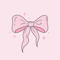 Cute ribbon bow clipart. Coquette and balletcore girly decoration. Hand drawn silk tape accessory. Vintage fashion element in pastel color. Vector illustration