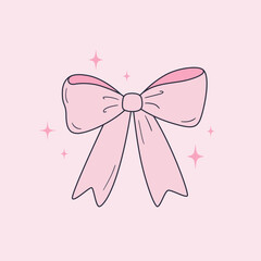 Cute ribbon bow clipart. Coquette and balletcore girly decoration. Hand drawn silk tape accessory for girls. Vintage fashion element in pastel color. Vector illustration