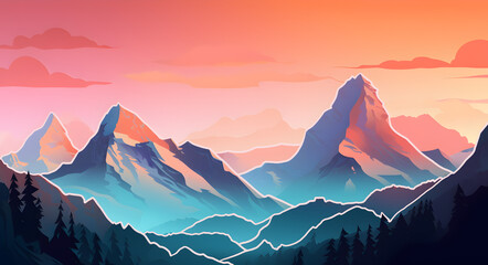 Illustration with mountain landscape in sunrise. Drawing with beautiful landscape.