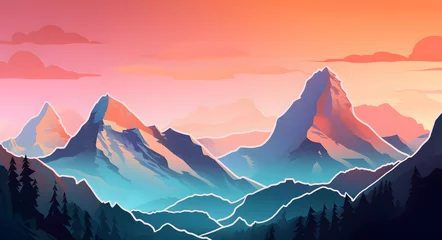 Poster Illustration with mountain landscape in sunrise. Drawing with beautiful landscape. © Lunstream
