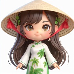 a little girl wearing vietnamese ao dai and Palm-leaf conical hat white background