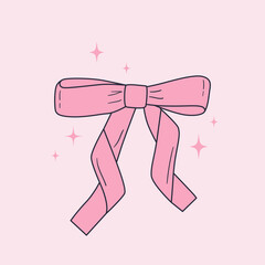 Cute ribbon bow clipart. Coquette and balletcore girly decoration. Hand drawn silk tape accessory. Vintage fashion element in pastel color. Vector design